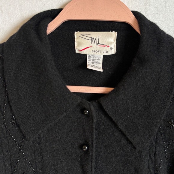 Vintage SML Sport Ltd Black Beaded Cardigan Sweater Collar Sz L Lambswool Angora - Picture 3 of 8